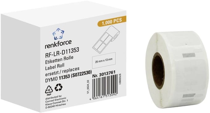 Renkforce Rol met etiketten Compatibel vervangt DYMO DYMO 11353, S0722530 25 x 13 mm Papier Wit 1000 stuk(s) Permanent hechtend Universele...