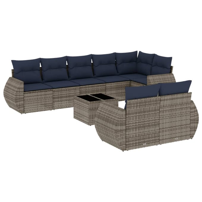 vidaXL - 9-delige - tuinbankset - met - kussens, - grijs - polyrotan