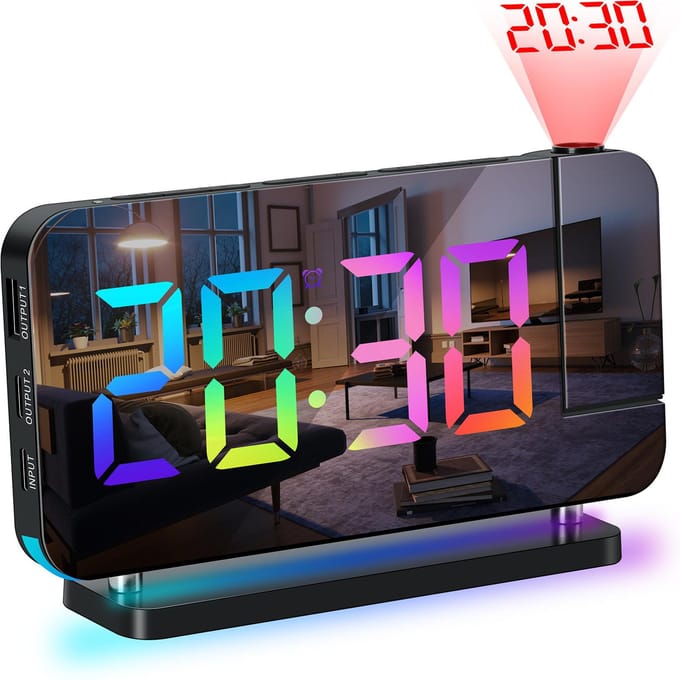 Projectiewekker voor slaapkamer 7-inch RGB kleurrijke LED digitale klok met spiegeloppervlak zwart