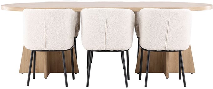 Bootcut eethoek tafel 115x230cm en 6 bouclé stoelen naturel.