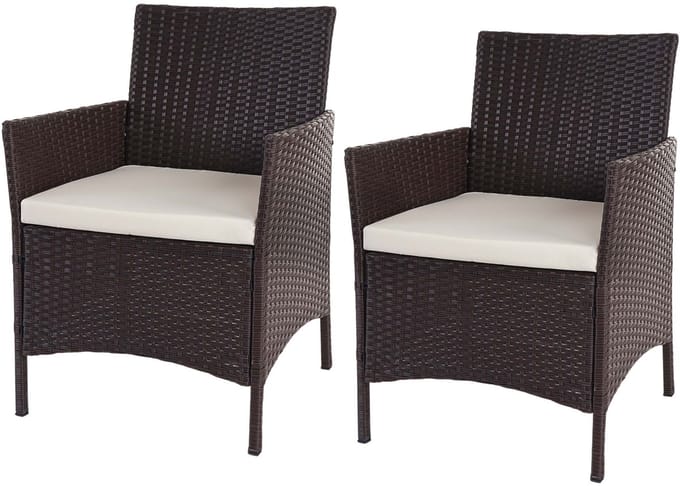 Set van 2 poly rotan tuinstoelen Halden, rieten fauteuils ~ bruin-gemarmerd, crèmekleurige kussens
