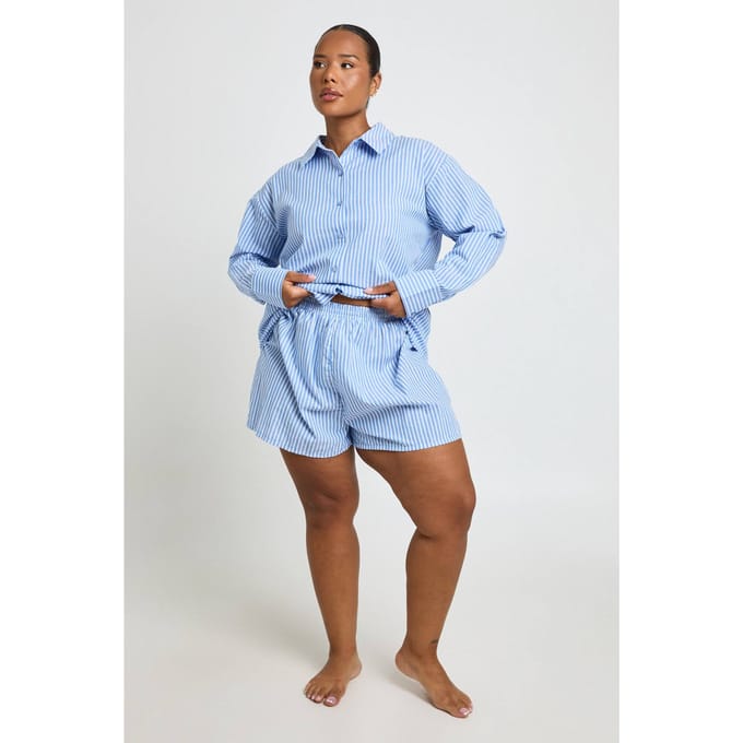 boohoo Dames Plus Katoenen Pyjamashort Met Krijtstreep | Blauw | Maat: 52