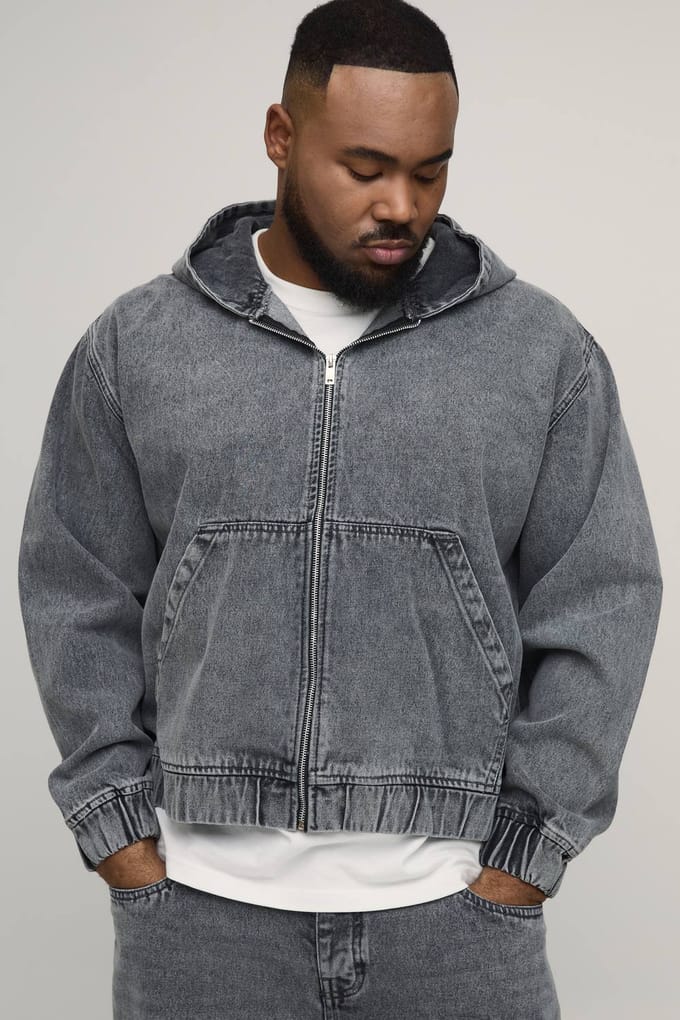 Plus Gewassen Denim Hoodie Met Rits | Washed Grey | Size 2XL