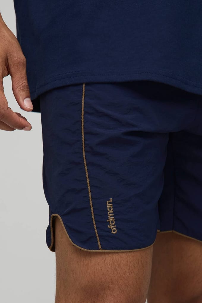 Elastische taille, relaxed gerimpeld nylon met pip-details shorts | Navy | Size Medium
