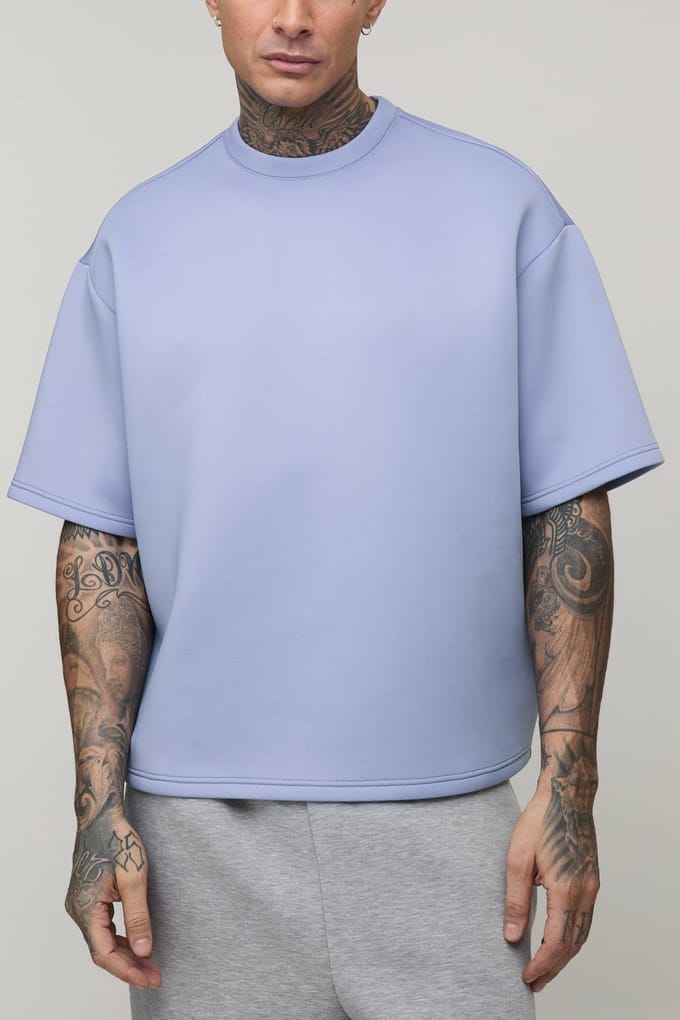 Tall Oversized Boxy Bonded Scuba T-Shirt | Dusty Blue | Size Medium