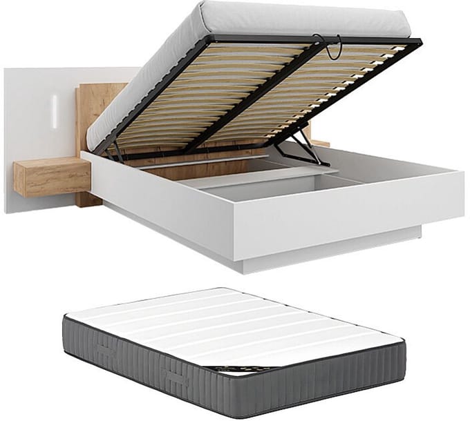 Vente-unique Bed met opbergruimte hout natuurlijk licht, wit 160 x 200 cm