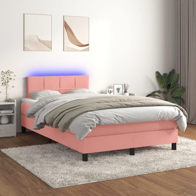 vidaXL - Boxspring - met - matras - en - LED - fluweel - roze - 120x200 - cm