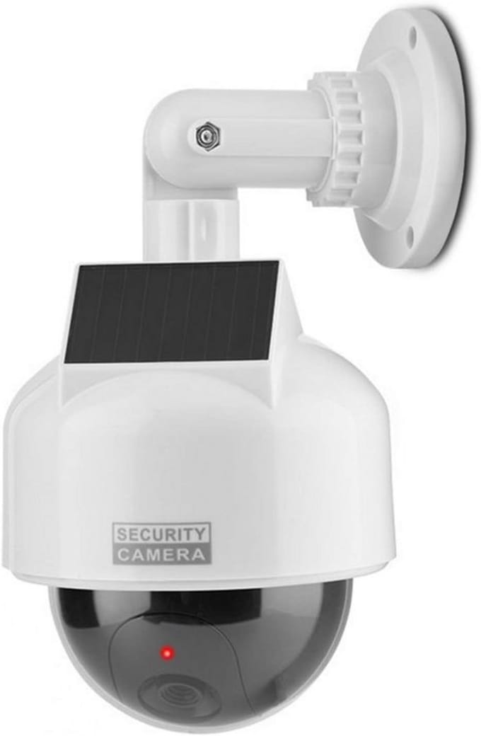 O&W Security Dummy Speed Dome Solar Camera, Dummy Speed Dome Camera with Lens and Red LED Light, Waterproof for Indoor and Outdoor Use