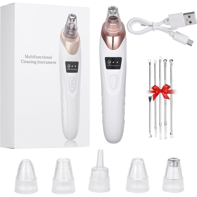 5 in 1 Blackhead Remover Electric Blackhead Suction Device LCD Display with 5 Pimple Zit Comedone 1 set remover & 5 pins white