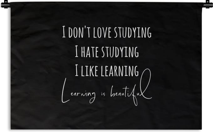 Wandkleed - Wanddoek - Quote - Studeren - Liefde - 90x60 cm - Wandtapijt