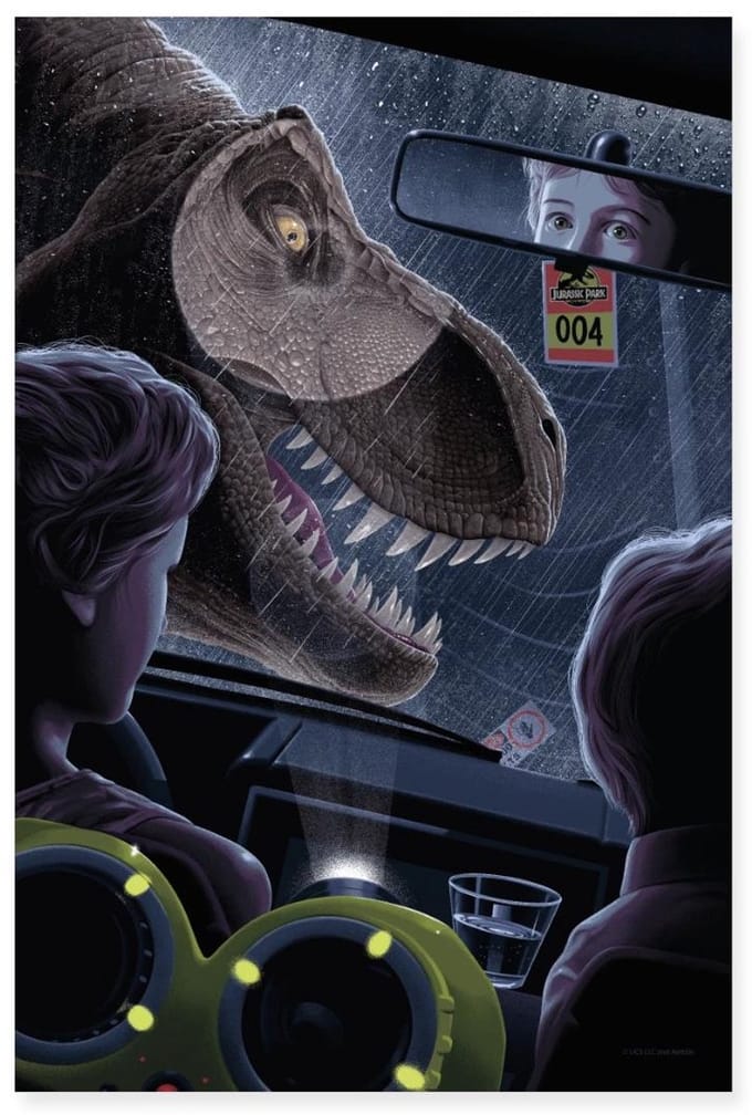 Jurassic Park Ontmoeting Met De T-Rex In De Auto Poster 60x90 cm