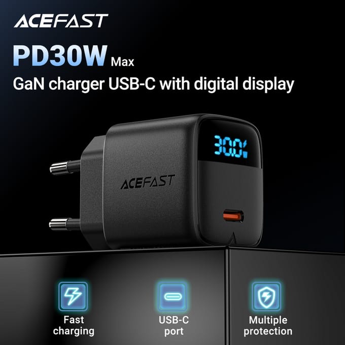 ACEFAST GaN PD30W EU Telefoon Snel Opladen Oplader Voor iPhone 16/15 Pro Max USB C Muur LED Digitale Display Adapter voor Samsung S25