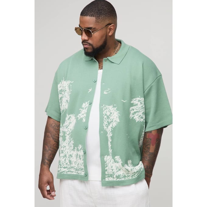 Plus Relaxed Palm Print Jacquard Gebreide Overhemd | Sage | Size 2XL