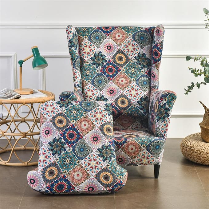 Housse de Chaise Haute à Dossier Imprimé Élastique 2 Pièces Forme Housse de Fauteuil à Oreilles Monoplace gray