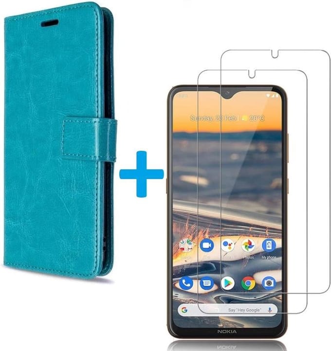 Bookcase Geschikt voor: Nokia 1.3 - Turquoise - portemonnee hoesje met 2 stuks Glas Screen protector
