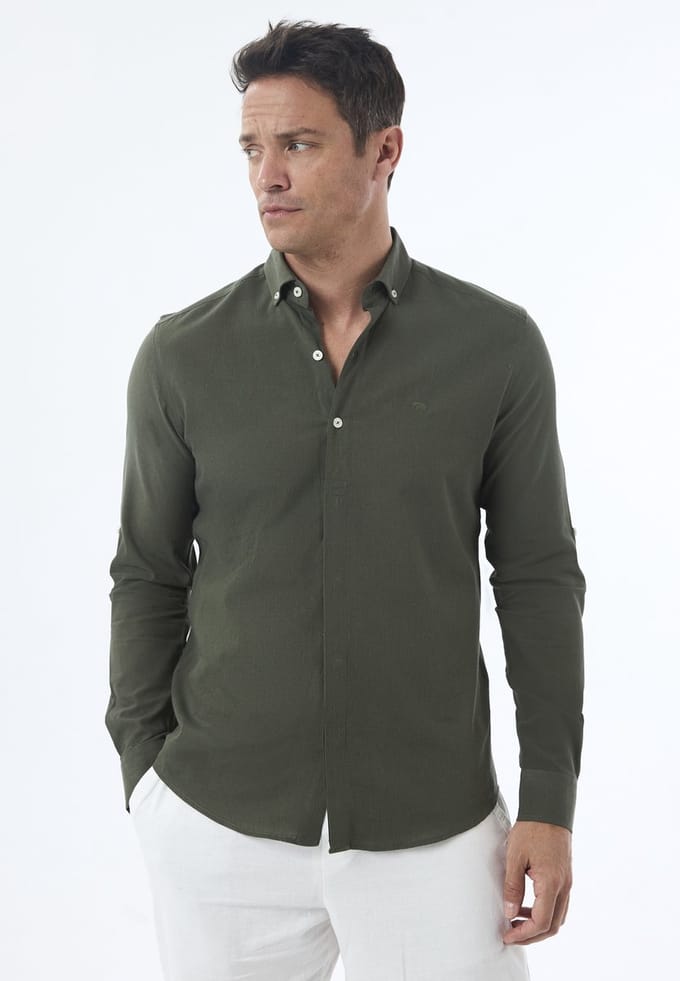 Jimmy Sanders Linnen Katoen Blend Shirt - Overhemd Heren Khaki - M