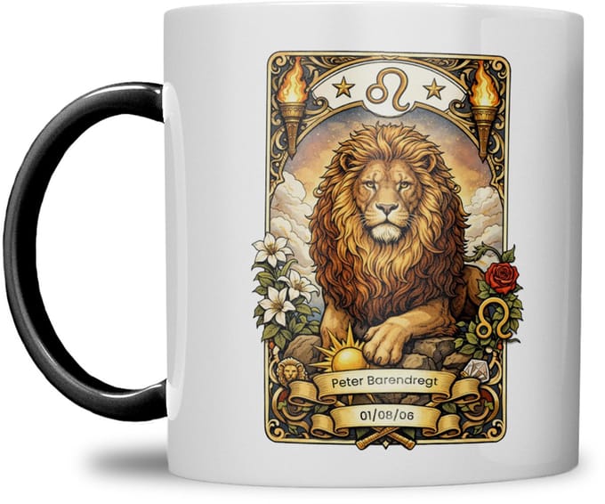Sterrenbeeld mok - Leeuw - Zwart - Tarot mok - Gepersonaliseerd met naam en datum