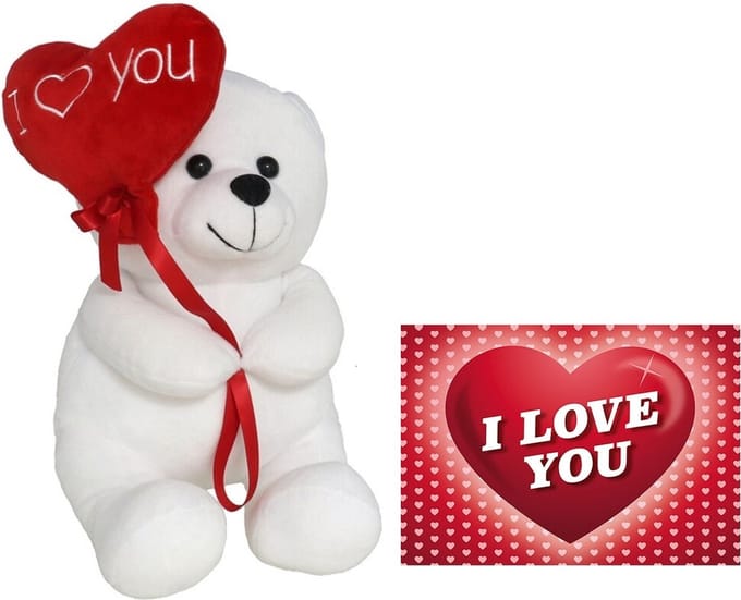 Pluche knuffelbeer met I Love hartje - wit/rood - 30 cm - inc. wenskaart