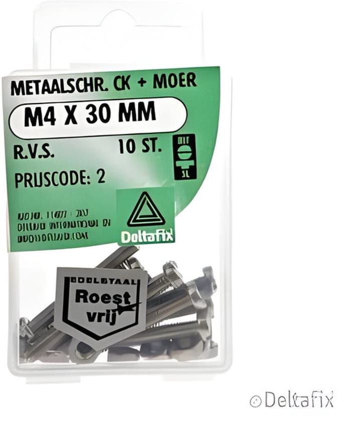 Deltafix. Bouten + MOER M4 x 30 MM . R.V.S. 10 Stuks metaalschroef