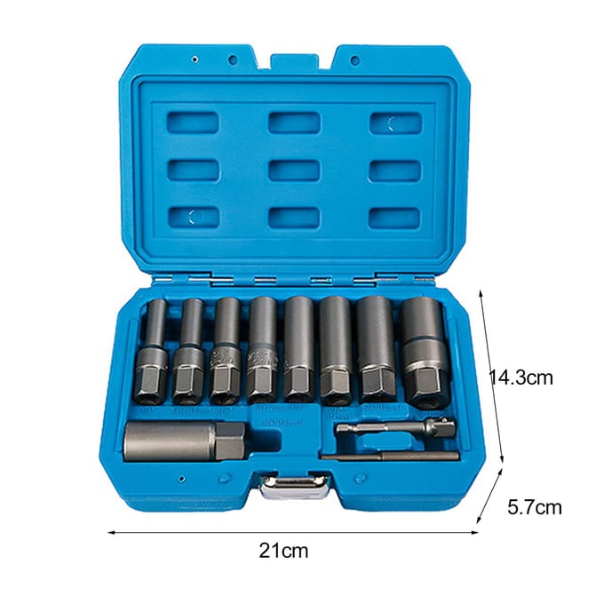 11-delige set voor het verwijderen van bouten en moeren, set voor het verwijderen van gebroken moeren, dopsleutelset voor het verwijderen van gebroken wielmoeren 7 Pcs blauw