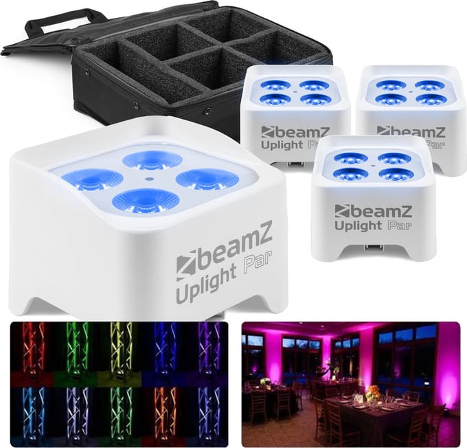 BeamZ Set met 4x BBP90W accu uplights - 4x 4W LED's - In Flightbag - Wit
