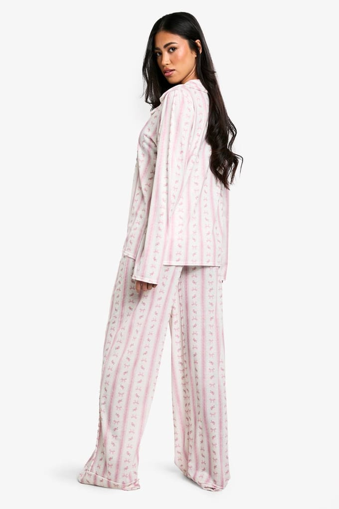 boohoo Dames Bow Print Langmouwshirt & Broekpyjama Set | Pink | Maat: 8