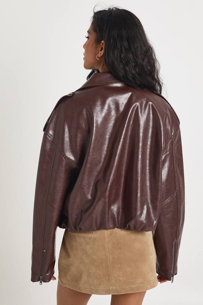boohoo Dames Kunstleren Biker Jacket met Bubble Zoom | Bordeaux Rood | Maat: 36