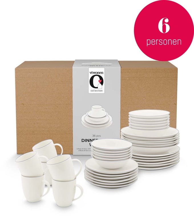 vtwonen Diner serviesset - Line - Ontbijtbord, Dinerbord, Ontbijtkom en Mok - Wit - 6 Persoons set