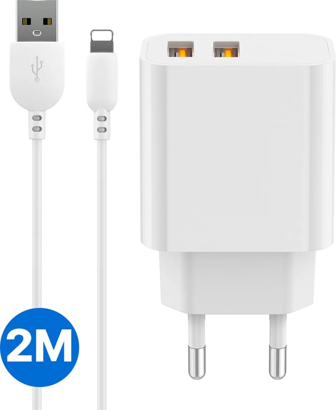 Oplader geschikt voor iPhone 14 t/m 6 - 2 Meter - Usb stekker - 2 Poorten - Lightning kabel - Wit