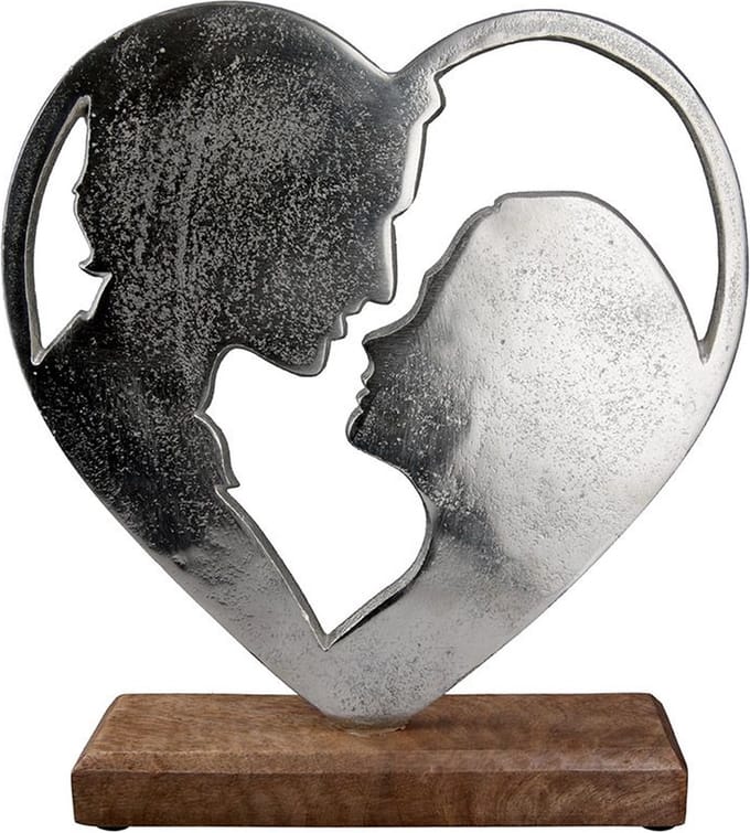 Liefdeskoppel in hart - beeld- 5x16x19 - aluminium - mangohout - zilver