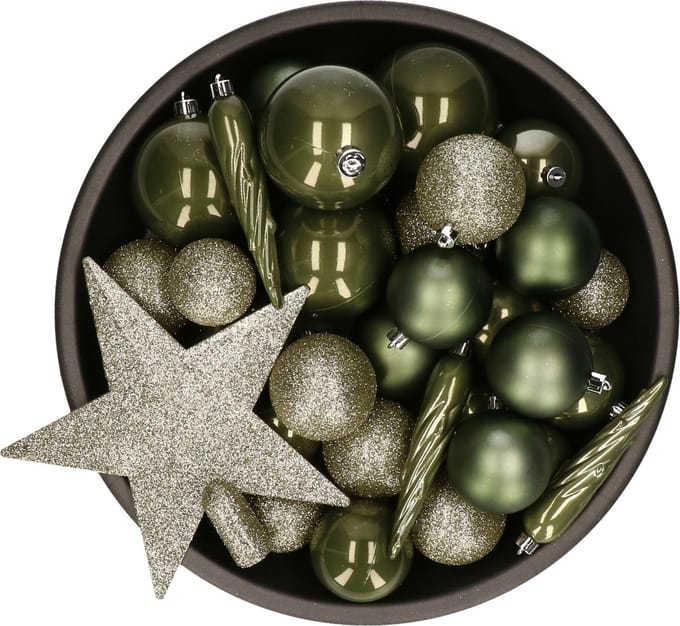 Decoris kerstballen set - 34-dlg - mosgroen - incl. piek - kunststof - kerstversiering