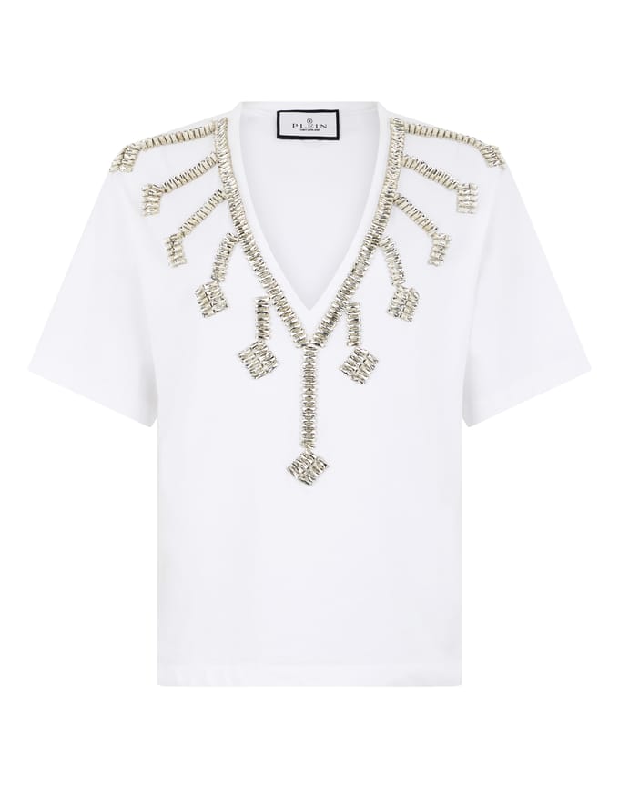 V-Neck T-Shirt Crystal Fringes