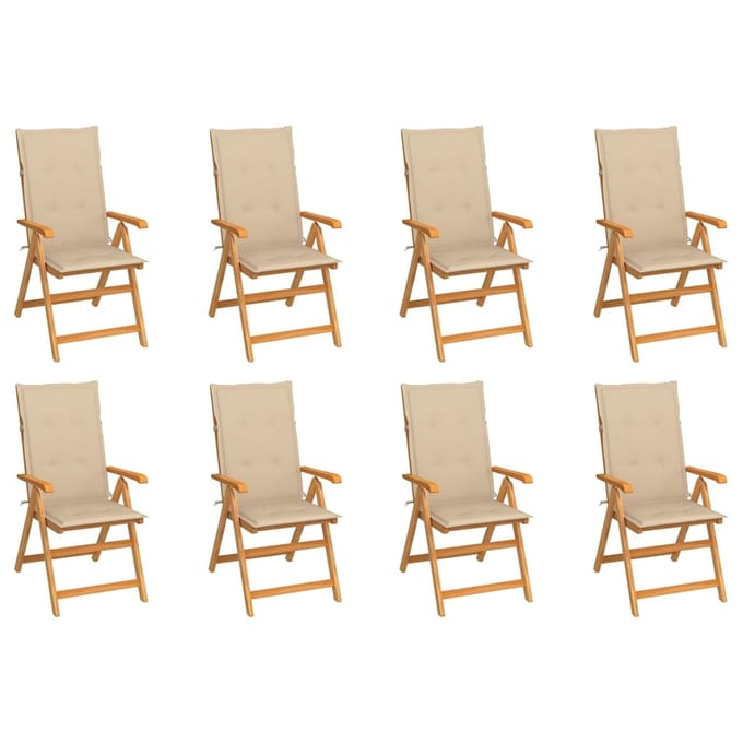 vidaXL - Verstelbare - klapstoelen - met - kussens, - 8 - stuks, - massief - teakhout