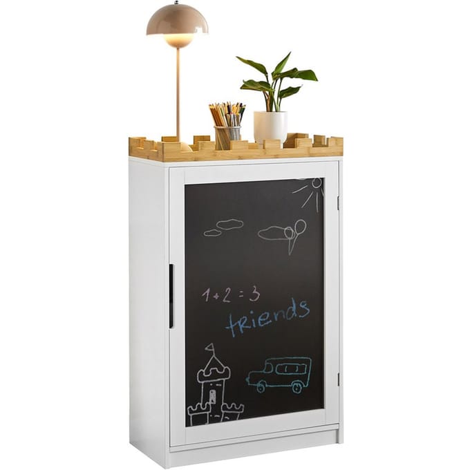 SoBuy KMB43-W Kindercommode - Witte Opbergplank met Schoolbord & Speelgoedkist