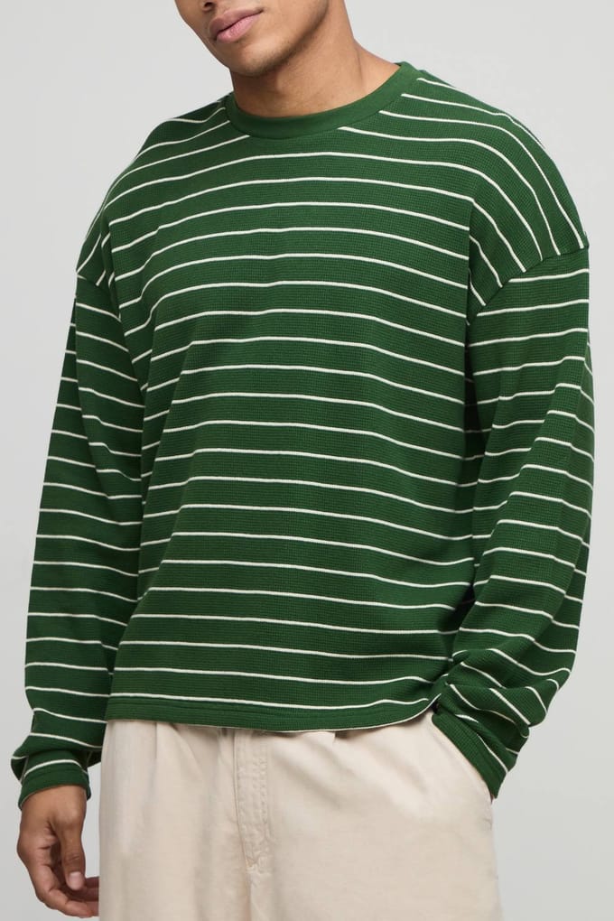 Oversized Gestreept Zwaargewicht Lange Mouw Wafel T-Shirt | Forest | Size Medium