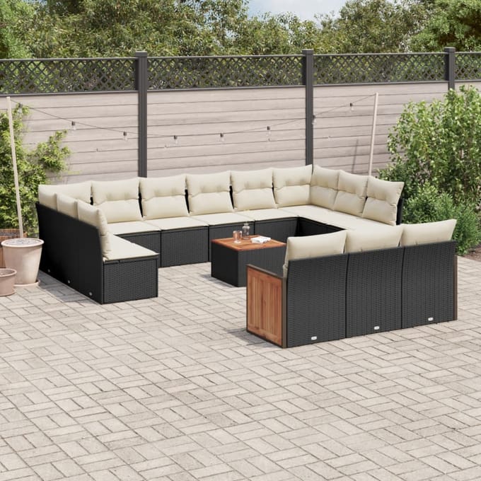 vidaXL - 14-delige - Loungeset - met - kussens - poly - rattan - zwart