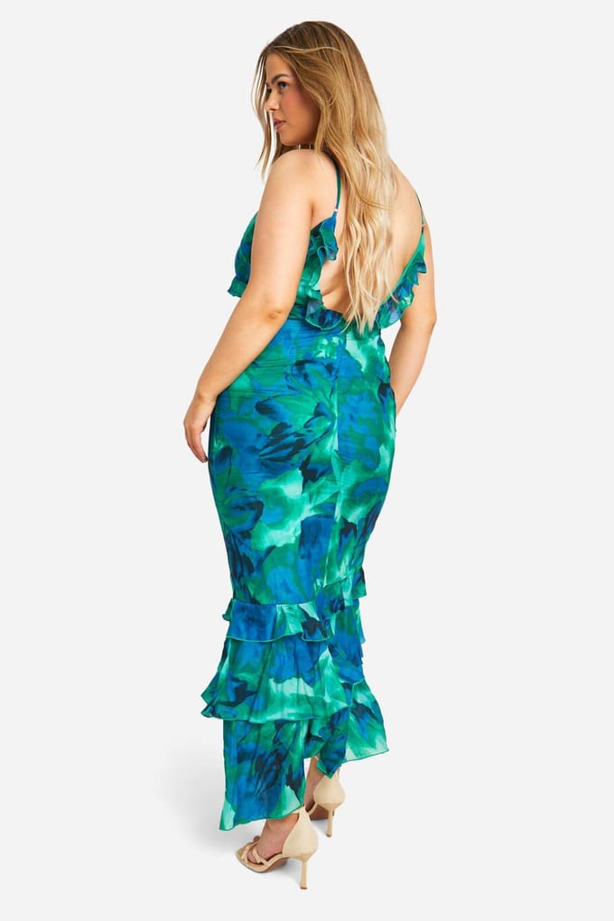 boohoo Dames Plus Abstract Floral Ruffle Maxi Jurk | Groente | Maat: 56