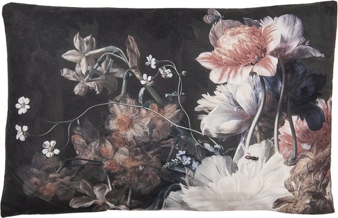 Clayre & Eef Sierkussen 60x40 cm Zwart Wit Polyester Bloemen