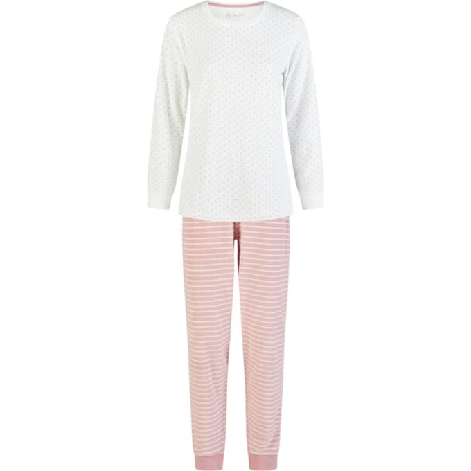 By Louise Dames Winter Pyjama Set Lang Badstof Wit/Roze Gestreept - Maat S