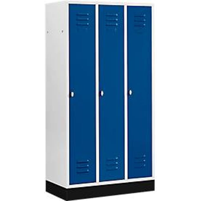 Kledinglocker met 3 compartimenten, 300 mm, draaigrendelslot, met fitting, deur gentiaanblauw