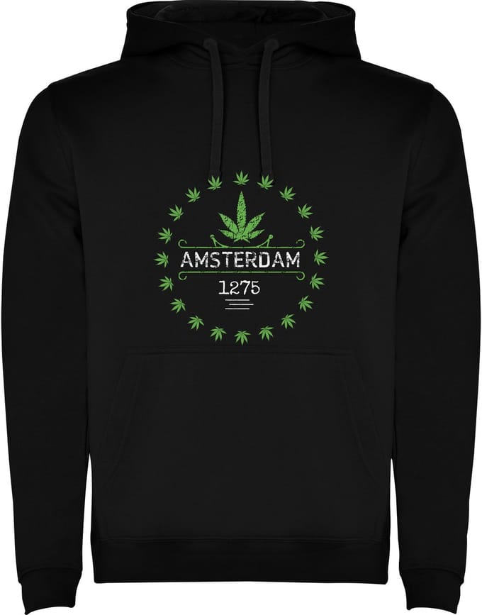 Zwarte Hoodie Amsterdam 1275 met Wietblad in cirkel - Happy City Maat M
