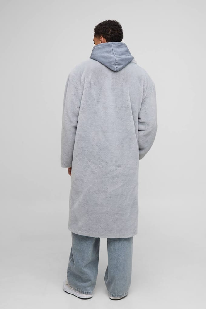 Oversized Plush Faux Fur Shawl Overcoat | Charcoal | Size Medium
