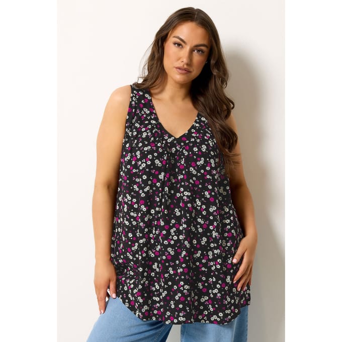 Yours Zwarte Mouwloze Top Met Madeliefjesprint Size 46