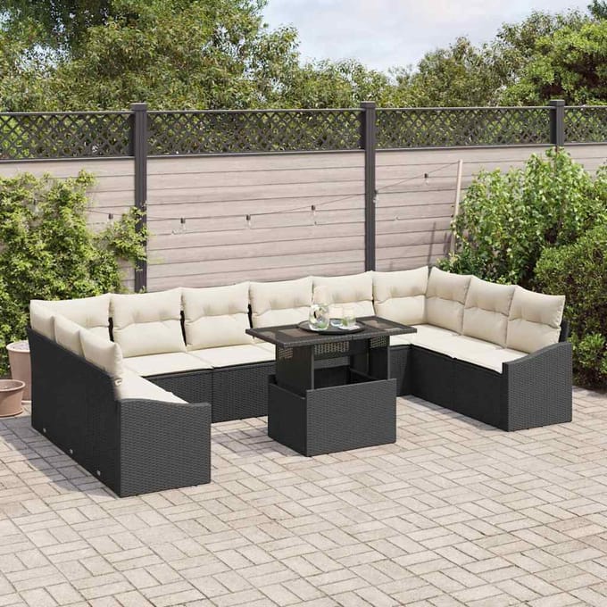 vidaXL - Bankstel - 11 - st - Zwart - en - Crème - poly - rattan