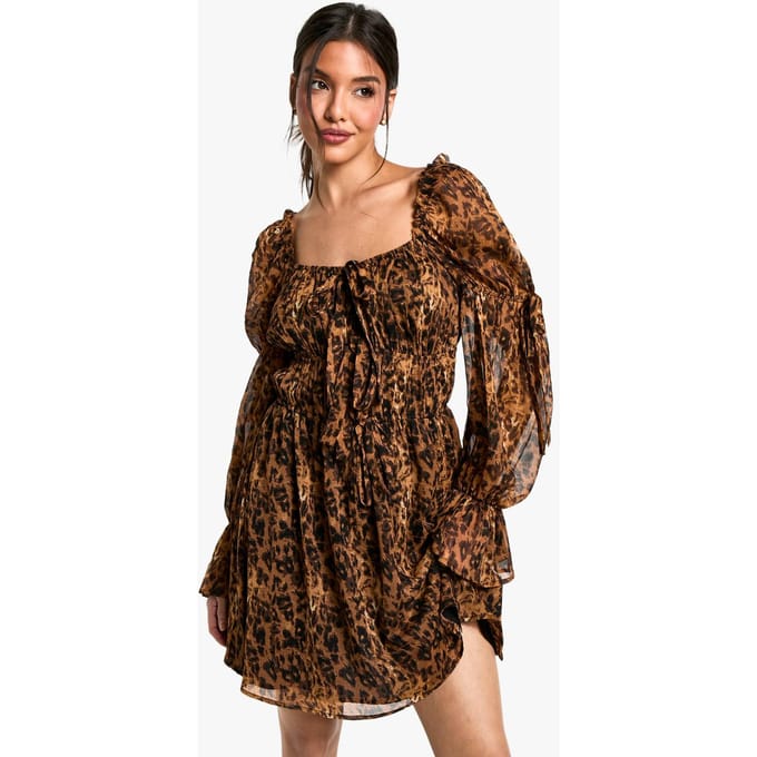 boohoo Dames Luipaard Chiffon Melkdame Mini Jurk | Maat: 10