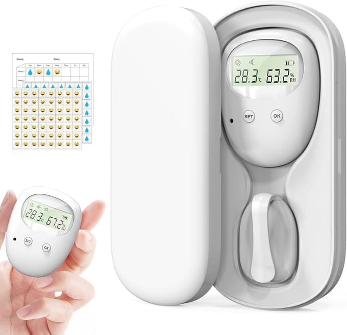 Draadloze Plaswekker - voor Kinderen & Ouderen - Bedplas Alarm met Sensor - 3 Modi (Geluid & Trilling) - LCD-Display & Temperatuurweergave - USB Oplaadbaar - Wit