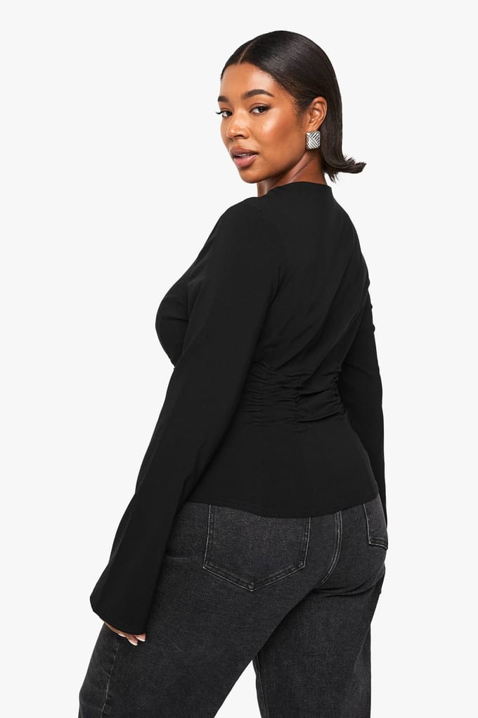 boohoo Dames PLUS GERUCHED EN HAAK-EN-OOG TOP | Zwart | Maat: 48