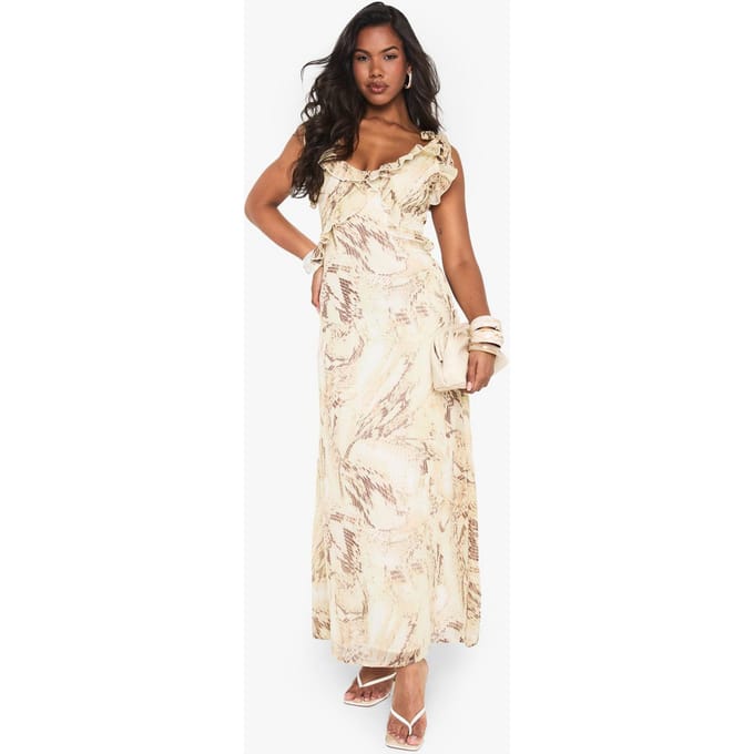 boohoo Dames Snake Chiffon Ruffle Maxi-jurk | Slangenprint | Maat: 38