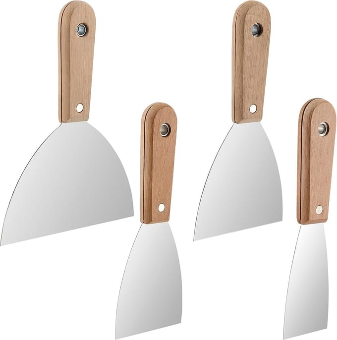 JGS ® Professionele Set van 4 Schilder- en Pleisterspatels met Houten Handvat