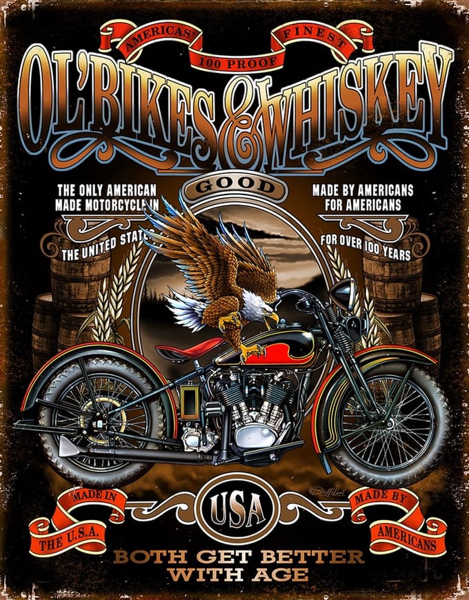 Ol' Bikes & Whiskey . Metalen wandbord 31,5 x 40,5 cm.